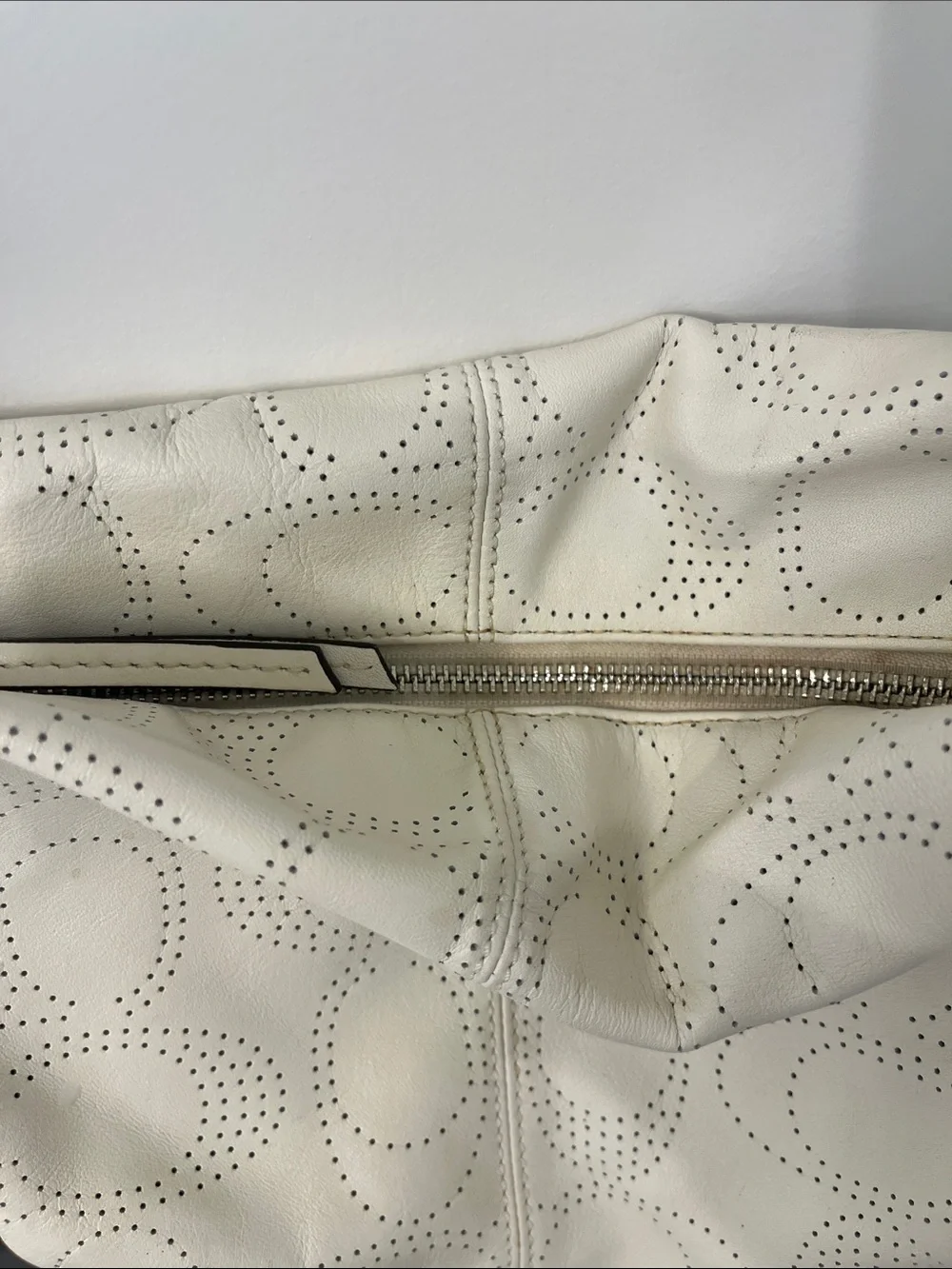 Coach Off White Perforated Signature Leather Shoulder Bag Pink Lining